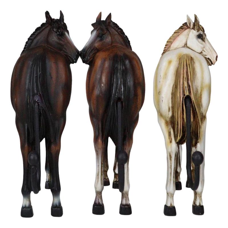 Set of 3 Rustic Western White Brown Chestnut Horses Hind Butt Coat Wall Hooks
