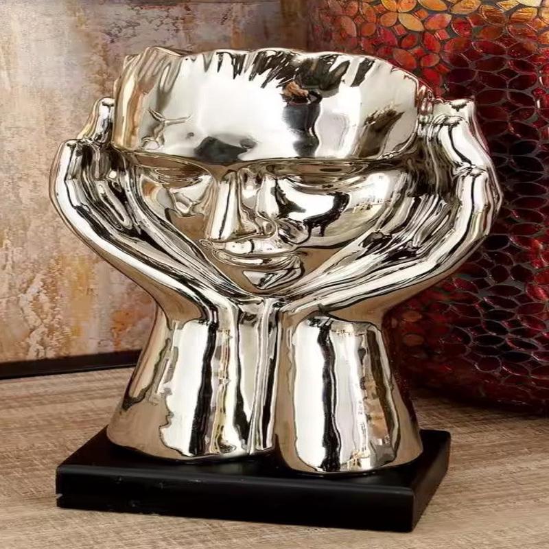 Silver Ceramic Contemporary Chic Pop Art Face In Hands Silhouette Sculpture