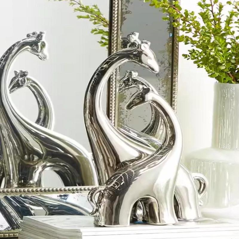 Silver Ceramic Modern Chic Pop Art Giraffe Mother And Calf Silhouette Sculpture