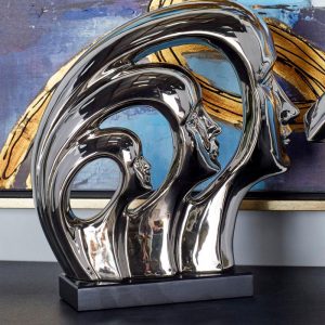 Silver Plated Ceramic Abstract Modern Gallery Art 3 Faces Family Unit Figurine