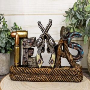 Texas Word Art Lasso Ropes Bullets Horseshoes Cowboy Hat Guns Desktop Figurine