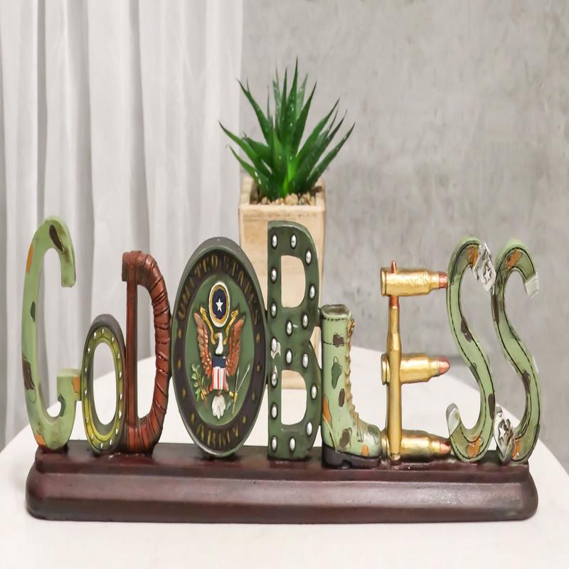 US Army Military Eagle Emblem Bullets And Camo Boots God Bless Word Art Plaque