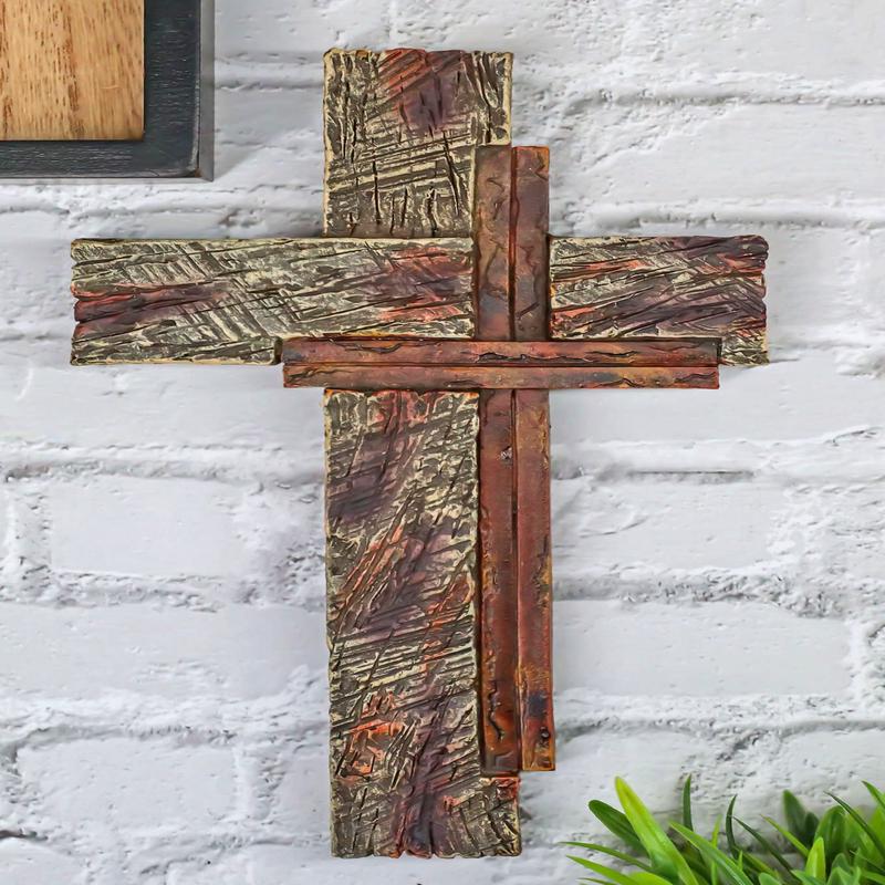 Vintage Western Layered Distressed Wood Grain Pattern Faux Wooden Wall Cross