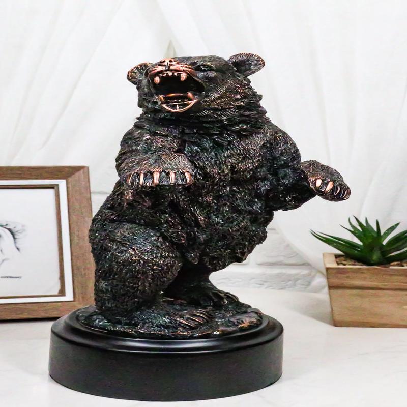 Western Black Bear On Rear Legs Roaring Bronze Electroplated Resin Decor Statue