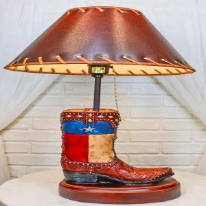 Western Floral Tooled Leather Texas State Flag Cowboy Boot Desktop Table Lamp