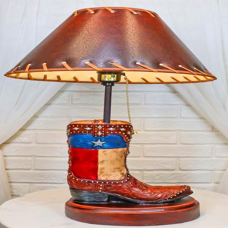 Western Floral Tooled Leather Texas State Flag Cowboy Boot Desktop Table Lamp