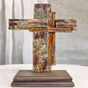 Western Vintage Distressed Layered Wood Grain Pattern Faux Wooden Desktop Cross