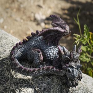 Whimsical Fantasy Purple Shy Garden Dragon Hatchling Hiding Behind Tail Figurine