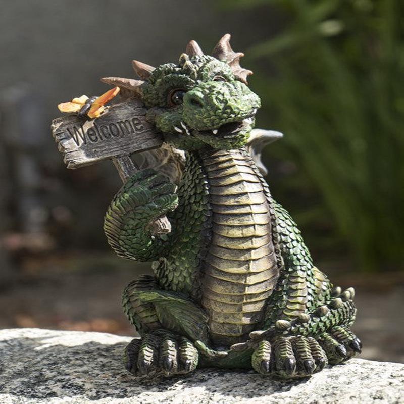 Whimsical Green Garden Dragon With Butterfly With Welcome Plank Sign Figurine