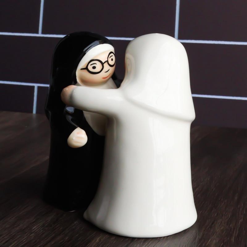 Black And White Dressed Dancing Nuns Cute Ceramic Salt & Pepper Shakers Set
