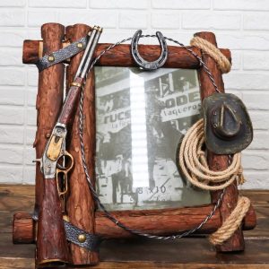 Country Rustic Cowboy Shotgun Ropes Hat Horseshoe Barnwood Picture Frame 8x10