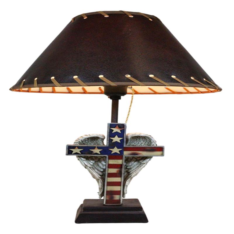Country Rustic Western Old Faithful American Flag Silver Angel Wings Table Lamp