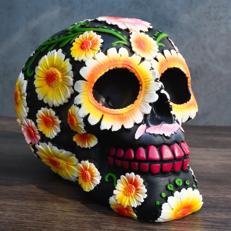 Day of The Dead Metallic Bright Sunflowers Floral Blooms Sugar Skull Figurine