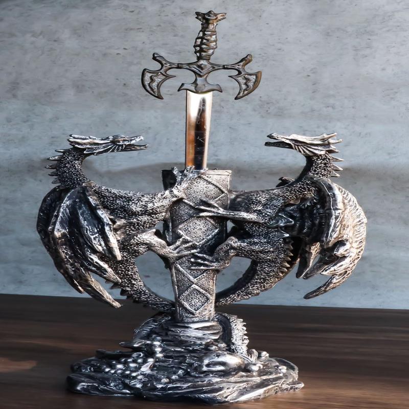 Fantasy Gothic Climbing Double Dragon And Excalibur Sword Letter Opener Figurine