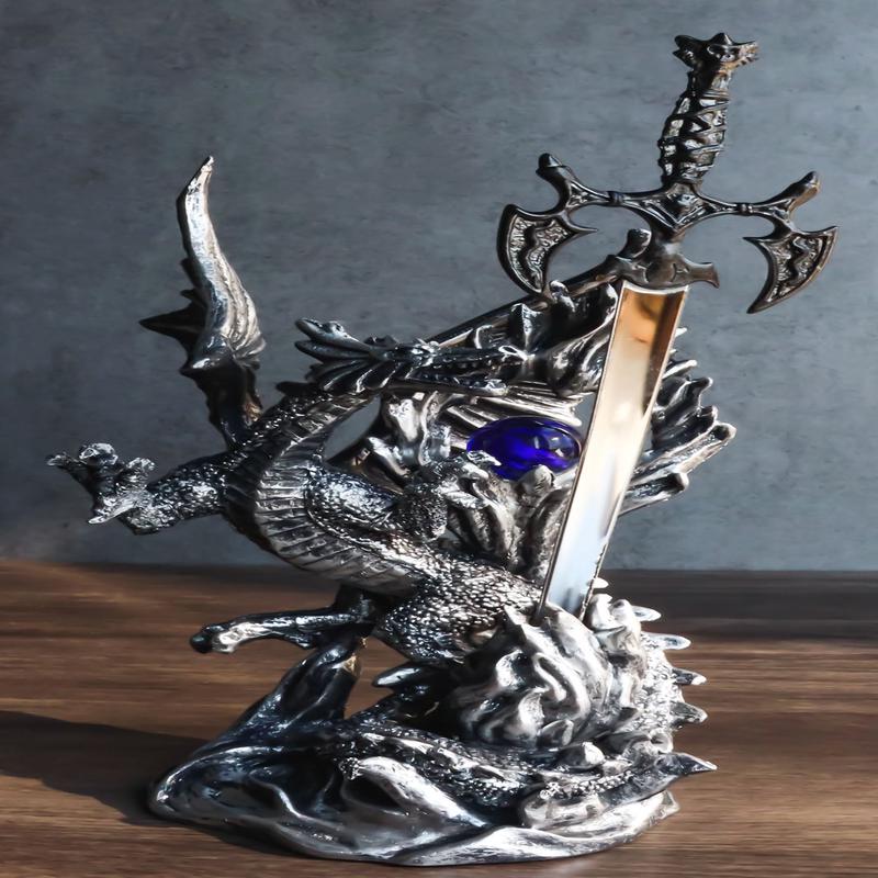 Fantasy Gothic Fiery Azure Dragon With Orb And Rune Sword Letter Opener Figurine