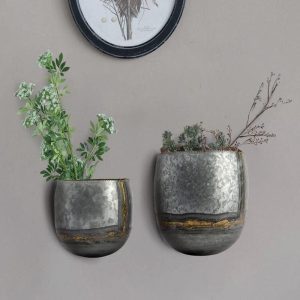 Farmhouse Rustic Galvanized Metal Silver with Gold Accent Wall Planters Set of 2