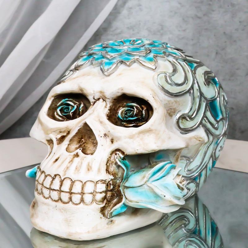 Gothic Day of The Dead Turquoise Rose Vine Tooled Floral Sugar Skull Figurine
