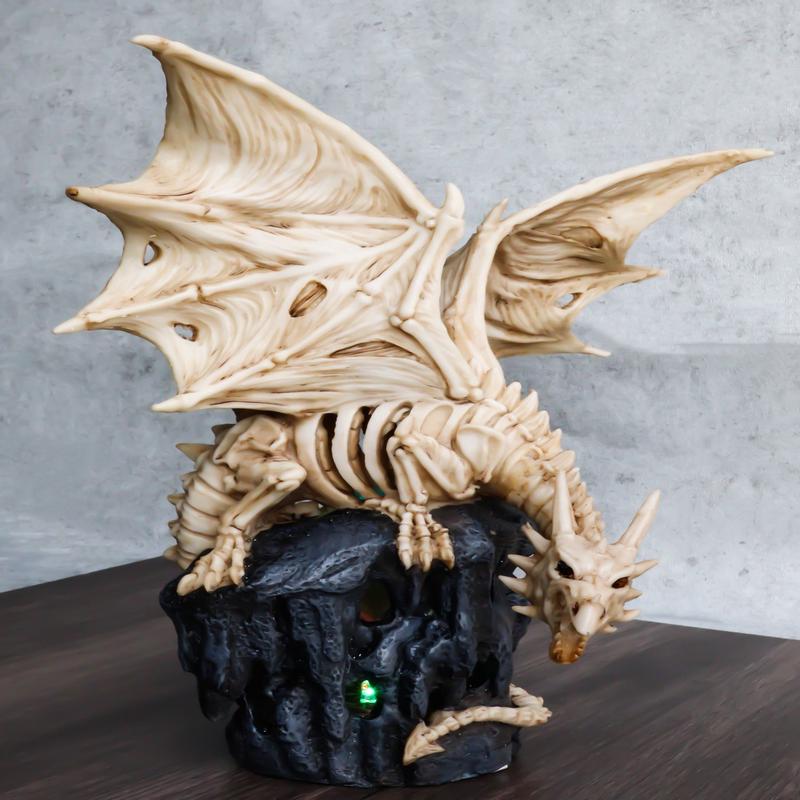 Gothic Exo Skeleton Dragon On Rock Cavern With Colorful LED Light Figurine