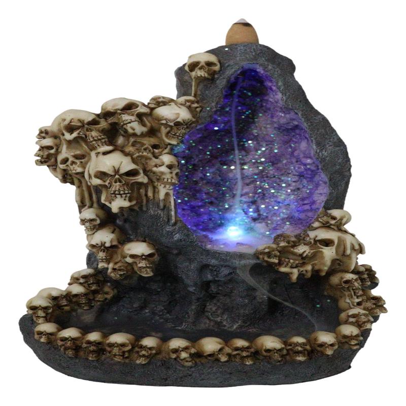 Gothic Melting Skulls Faux Geode Crystals LED Light Cave Backflow Incense Burner