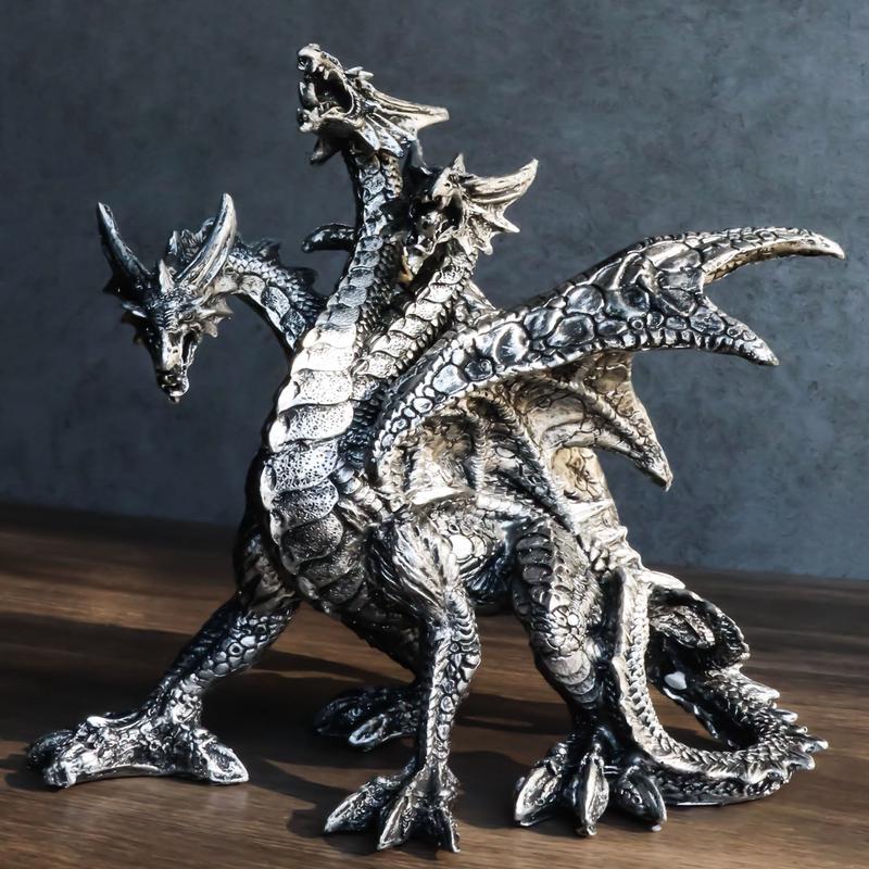 Gothic Silver Three Headed Dragon Hydra Roaring Statue 8" Tall Figurine Decor