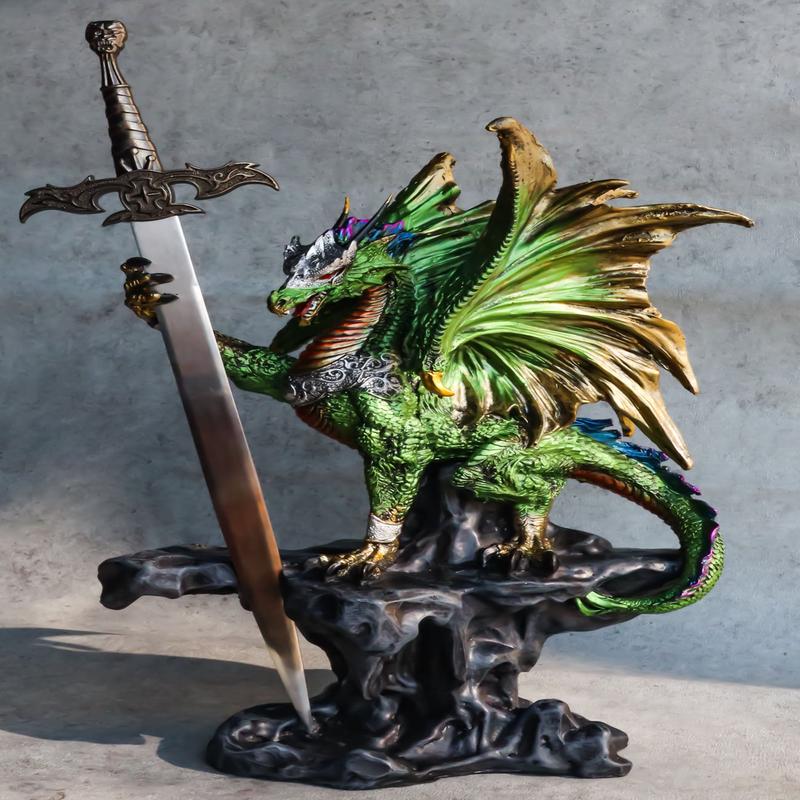 Green Knight Armored Rune Dragon With Gothic Skull Sword Letter Opener Figurine