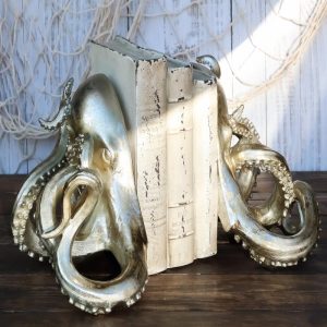 Nautical Sea Marine Octopus Bookends Pair Set Statue Antique Gold Finish