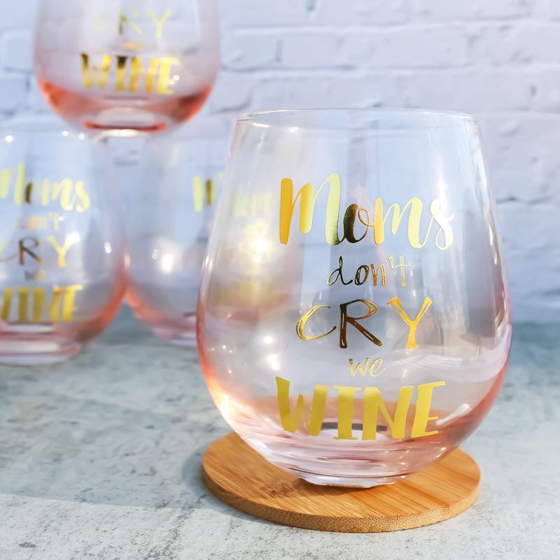 Pack Of 4 Mom's Don't Cry We Wine Metallic Gold Prints Stemless Wine Glasses