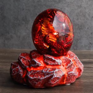 Red Dragon In Acrylic Glass Egg With Blue Crystals And LED Lava Rock Bases
