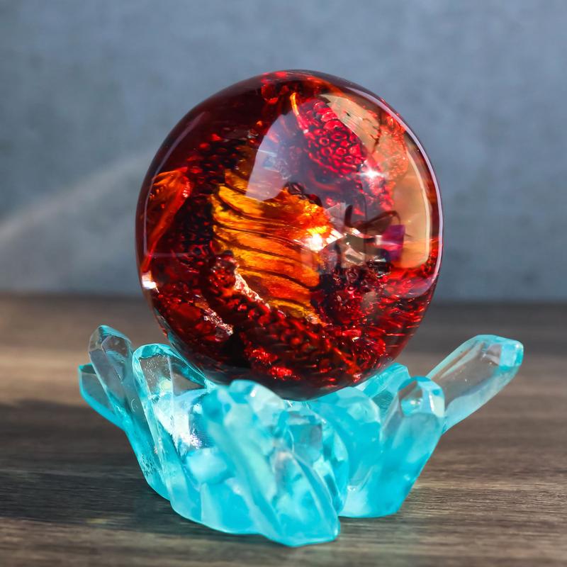 Red Fossil Dragon Hatchling Sleeping in Faux Crystal Acrylic Glass Egg Figurine