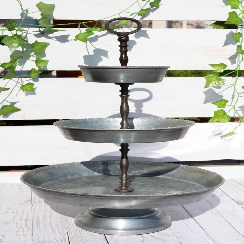 Rustic Farmhouse 3 Tiered Tabletop Galvanized Metal Serving Tray With Handle