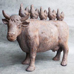 Rustic Vintage Farmhouse Chickens Hens Marching On Holstein Cow Back Figurine