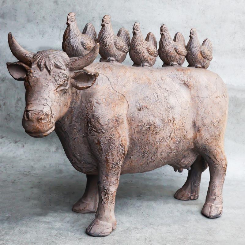 Rustic Vintage Farmhouse Chickens Hens Marching On Holstein Cow Back Figurine