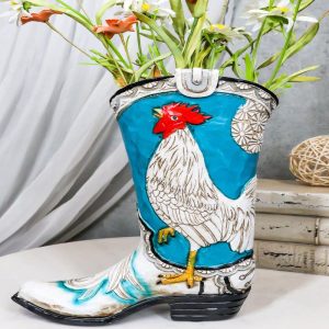 Rustic Western Blue Turquoise White Breasted Rooster Cowboy Boot Vase Figurine