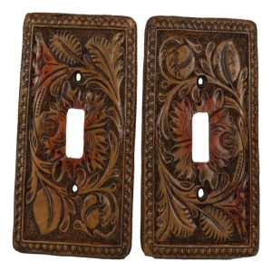 Set of 2 Western Tooled Floral Lace Faux Wood Wall Single Toggle Switch Plates