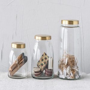 Set of 3 Clear Glass Canister Make Up Seashells Sand Storage Jars With Gold Lids