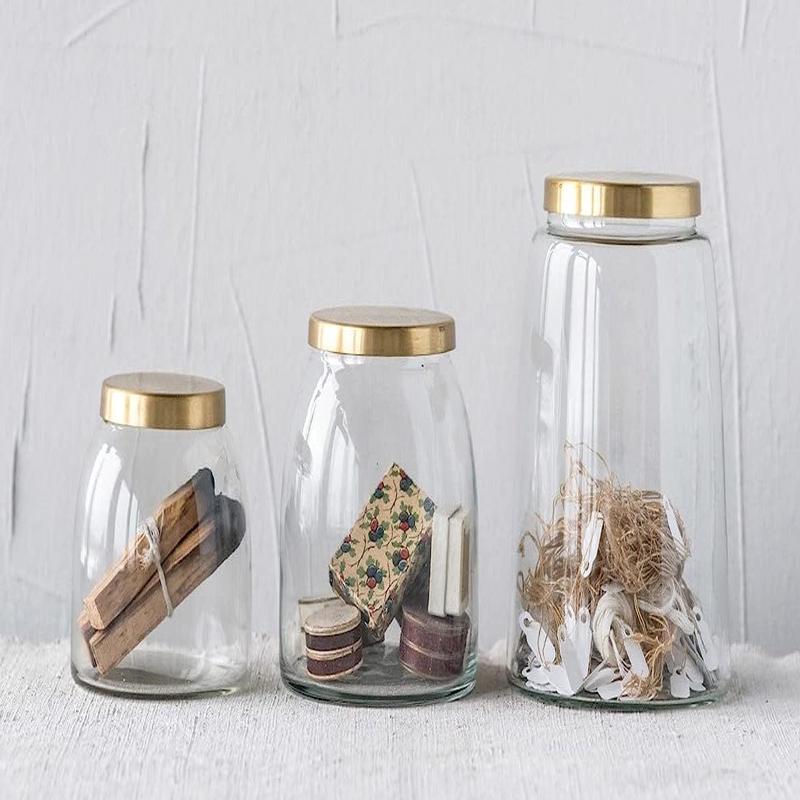 Set of 3 Clear Glass Canister Make Up Seashells Sand Storage Jars With Gold Lids