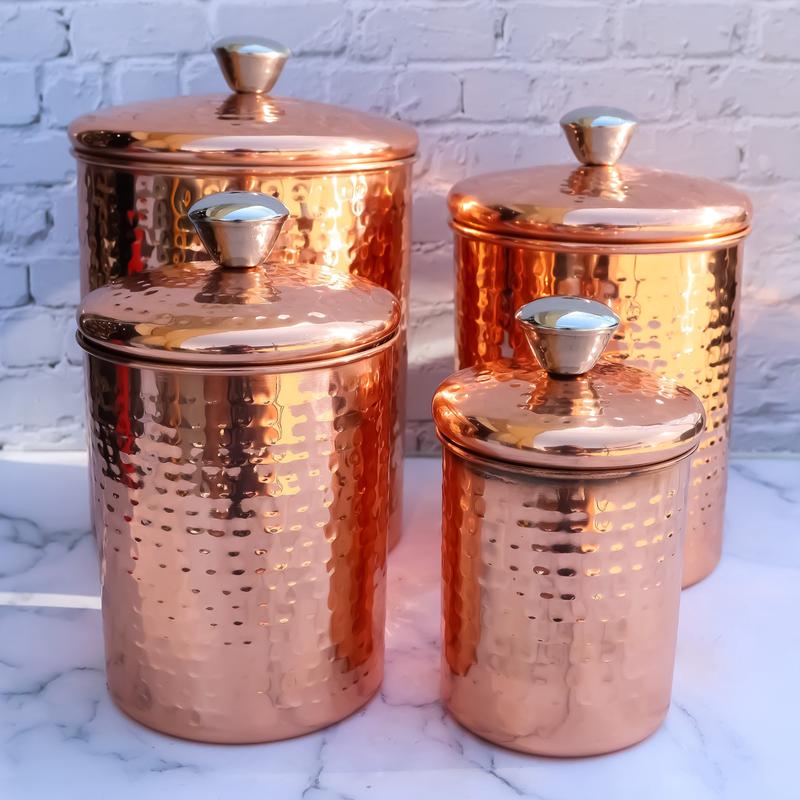 Set of 4 Staggered Sizes Hammered Copper Stainless Steel Canister Storage Jars