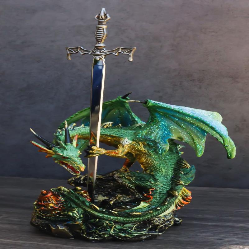 Sparkly Green Knight Dragon Holding Tiki Bat Sword Letter Opener Figurine