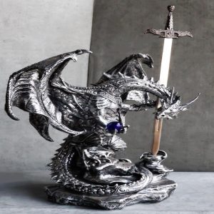 Stone Grey Dragon Holding Blue Orb and Drake Skull Sword Letter Opener Figurine