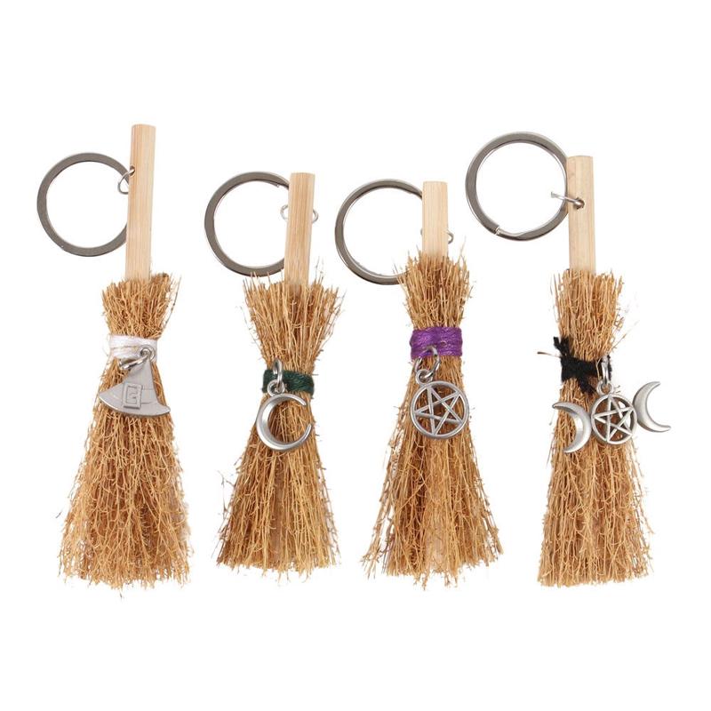 Triple Moon Crescent Pentagram Witch Hat Broomsticks Keyring Key Chains Set Of 4