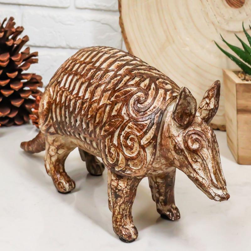 Western Rustic Texas Wild Mammal Armadillo In Tooled Faux Wood Finish Figurine