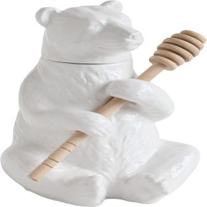 White Ceramic Forest Black Bear Wooden Bamboo Dipper Stick Honey Pot Jar Set