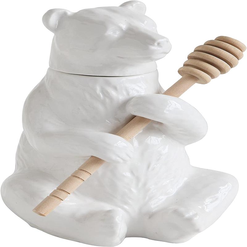 White Ceramic Forest Black Bear Wooden Bamboo Dipper Stick Honey Pot Jar Set