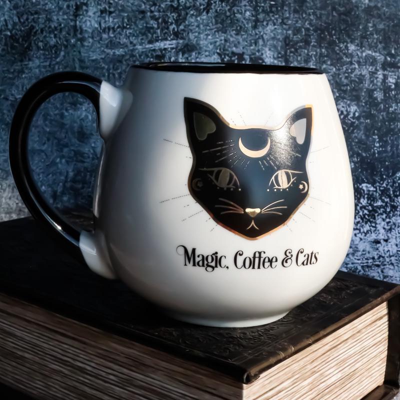 Wicca Magic Coffee Cats Feline Crescent Moon Cat With Gold Tone Ceramic Mug