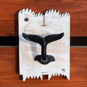 Cast Iron Nautical Sea Blue Whale Tail Wall Hook On Distressed Board Plank 7"H