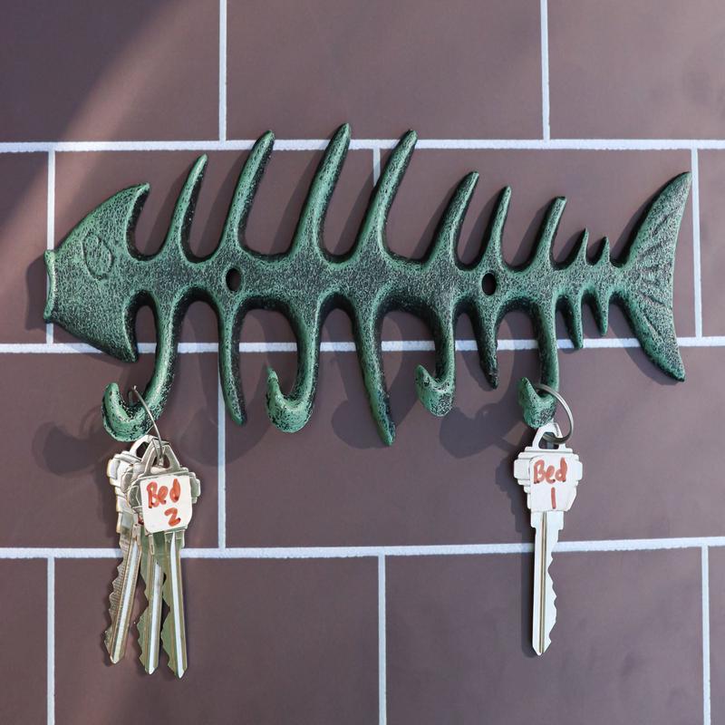 Pack of 2 Sea Vintage Verdigris Decorative Cast Iron Fish Bone 4 Peg Wall Hooks