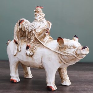 Rustic Country Farmhouse Chicken Rooster Riding On Pig Piggy Coin Money Bank