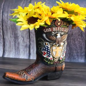 Rustic Western American Flag God Bless USA Eagle Seal Cowboy Boot Vase Planter