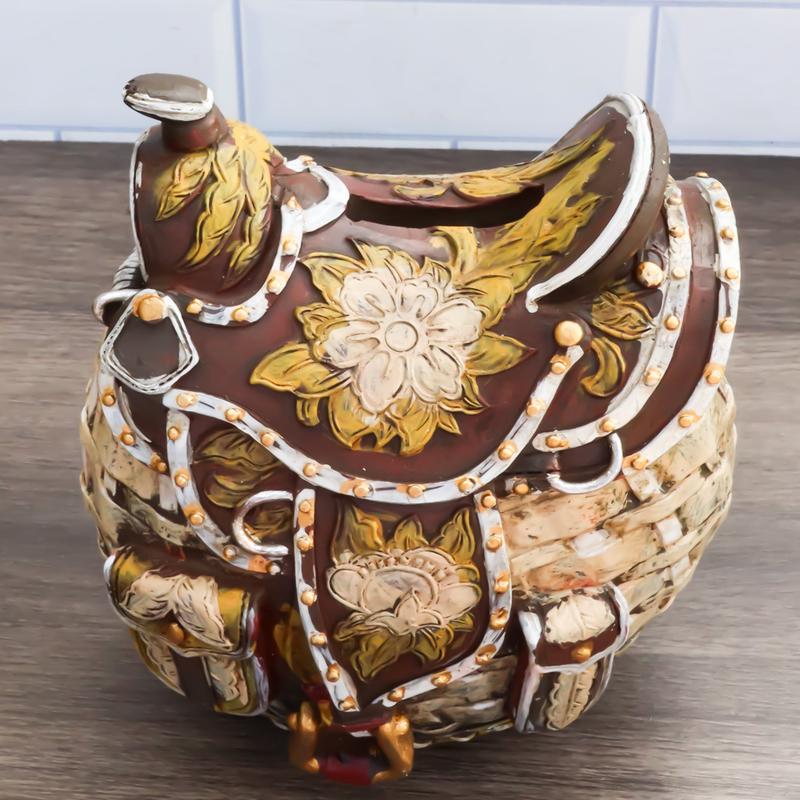 Rustic Western Brown Cowboy Horse Saddle Floral Wicker Design Coin Piggy Bank