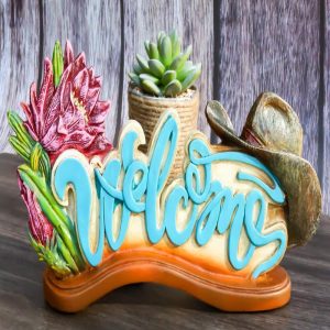 Rustic Western Cowboy Hat Floral Succulents Pastel Blue Welcome Desktop Sign